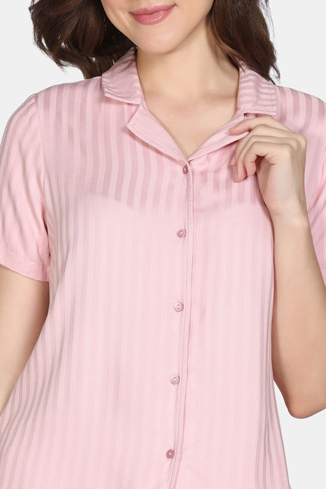 Zivame Sugar Stripes Woven Pyjama Set - Coral Blush — image 5
